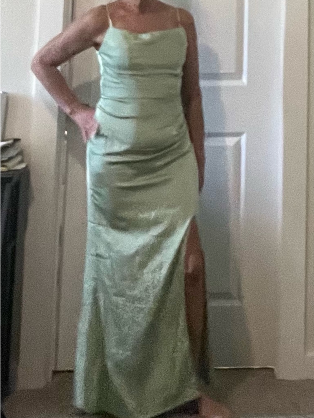 Sage Green Satin Slip Maxi Dress with Cowl Neck